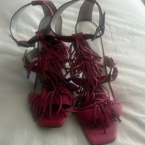 Stylish Pink Fringe Heeled Sandals (size 10)